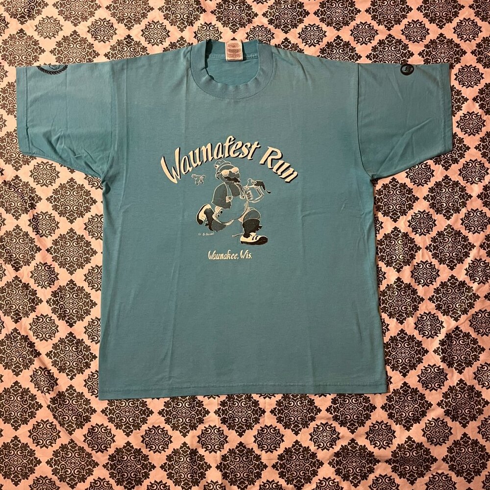 Vintage 90s Waunafest Run Race Sportswear Light Blue Graphic T-shirt Size Large
